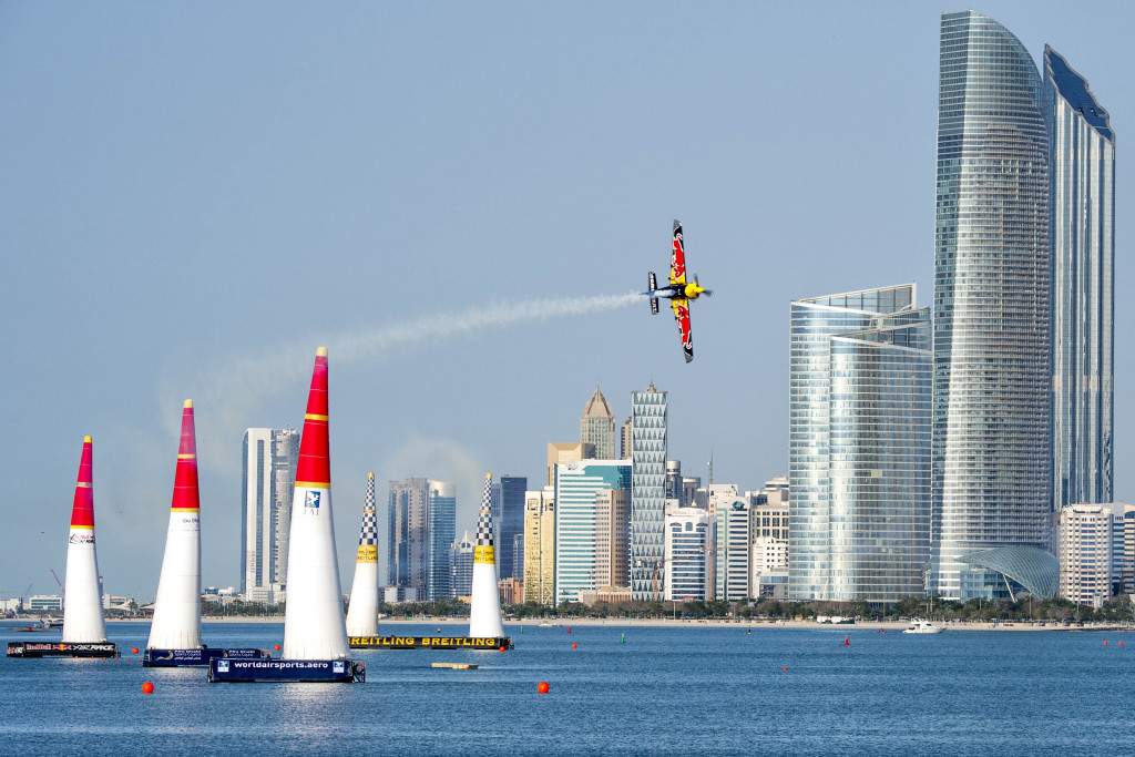 Martin Sonka of the Czech republic performs during the training of the first stage of the Red Bull Air Race World Championship in Abu Dhabi, United Arab Emirates on March 10, 2016.